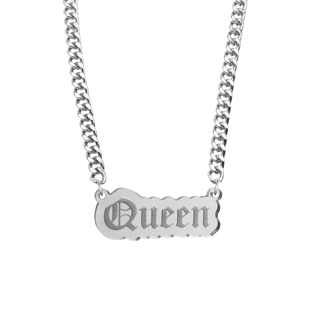 haus of dizzy silver necklace with 'Queen' acrylic pendant size large