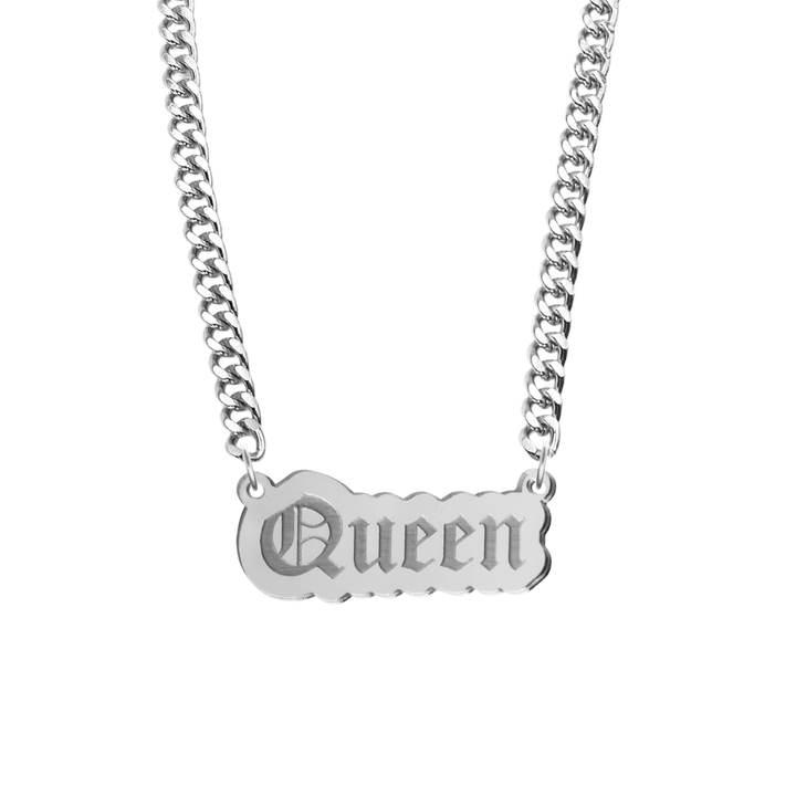 haus of dizzy silver necklace with 'Queen' acrylic pendant size large