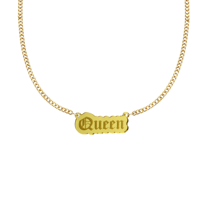 haus of dizzy gold necklace with 'Queen' acrylic pendant size small