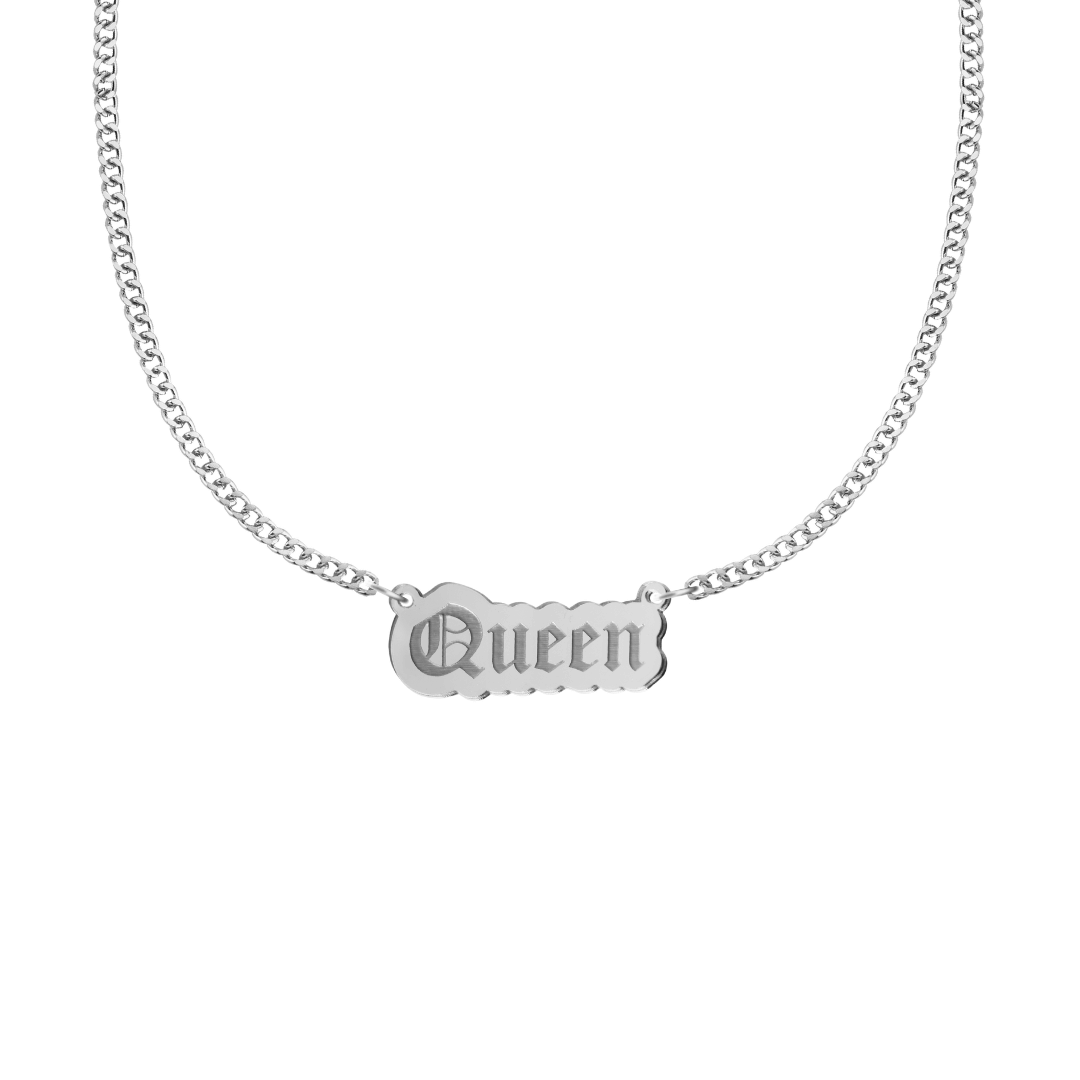 haus of dizzy silver necklace with 'Queen' acrylic pendant size small