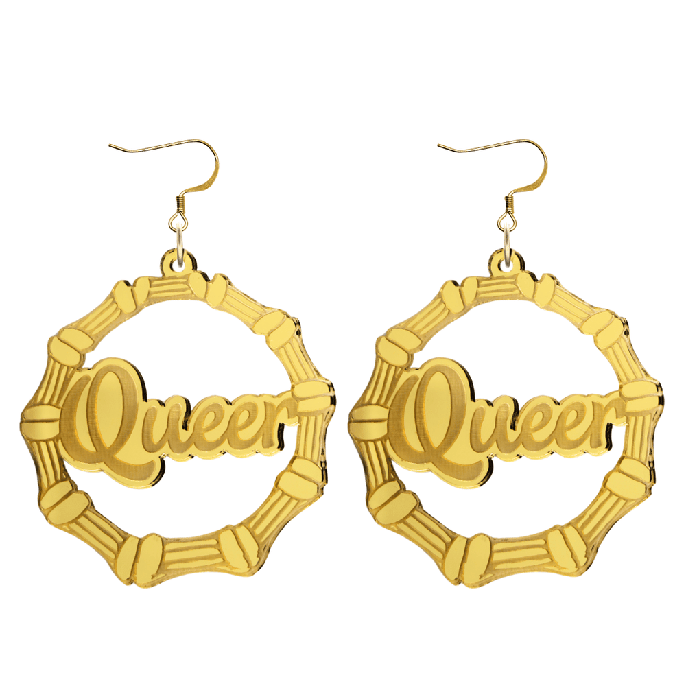 haus of dizzy acrylic gold mirror bamboo hoops with ollie cursive text that reads queer with hooks no circle stud tops size large