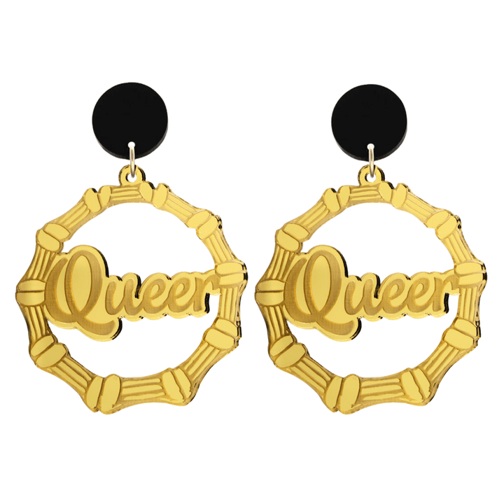 haus of dizzy acrylic gold mirror bamboo hoops with ollie cursive text that reads queer with black circle stud tops size large
