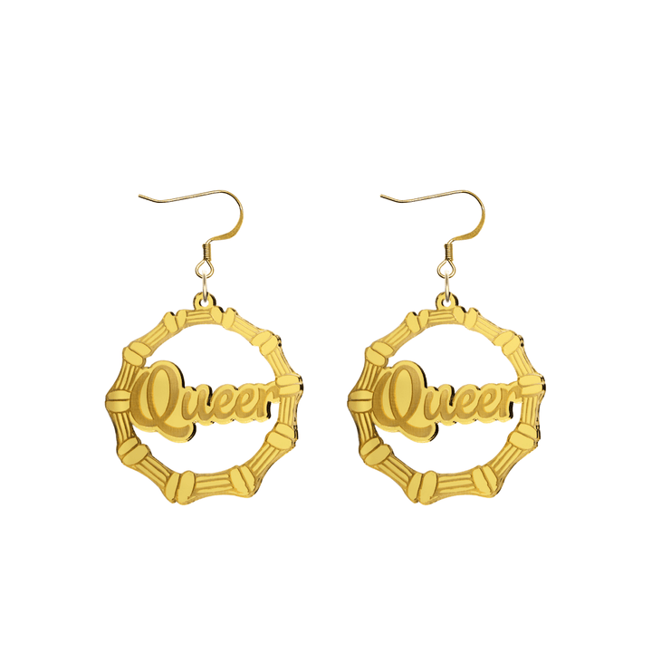 haus of dizzy acrylic gold mirror bamboo hoops with ollie cursive text that reads queer with hooks no circle stud tops size small