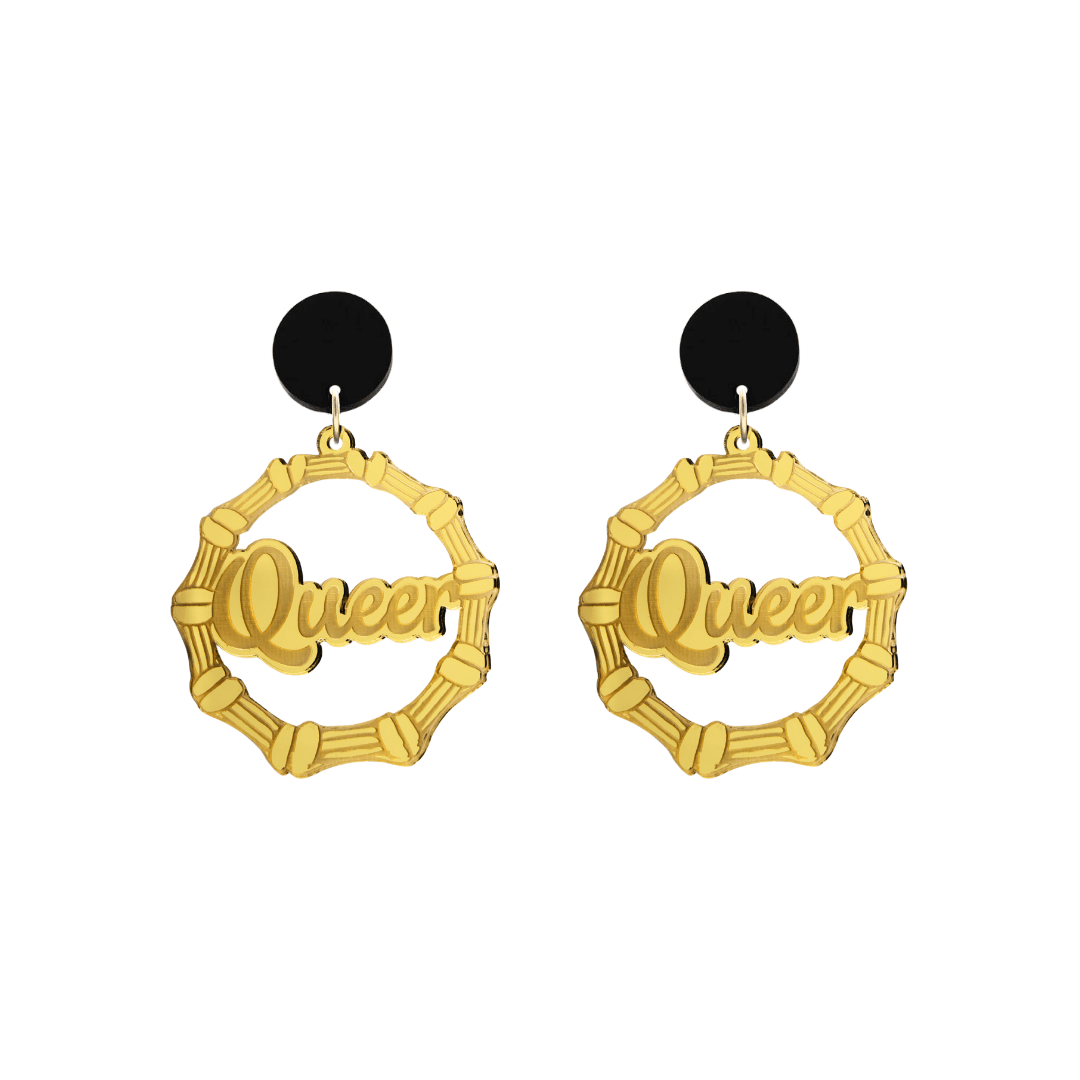 haus of dizzy acrylic gold mirror bamboo hoops with ollie cursive text that reads queer with black circle stud tops size small