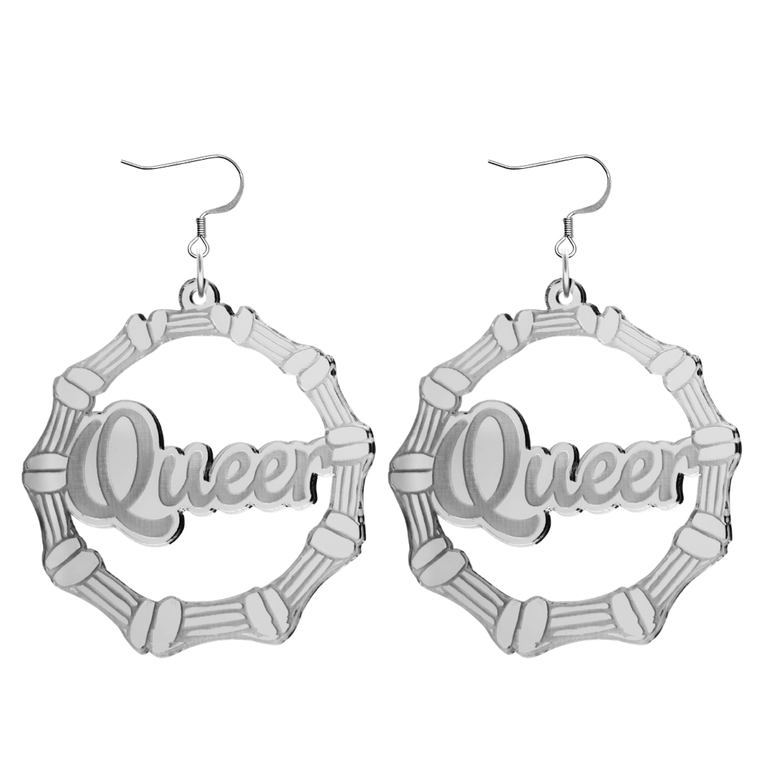haus of dizzy acrylic silver mirror bamboo hoops with ollie cursive text that reads queer with hooks no circle stud tops size large