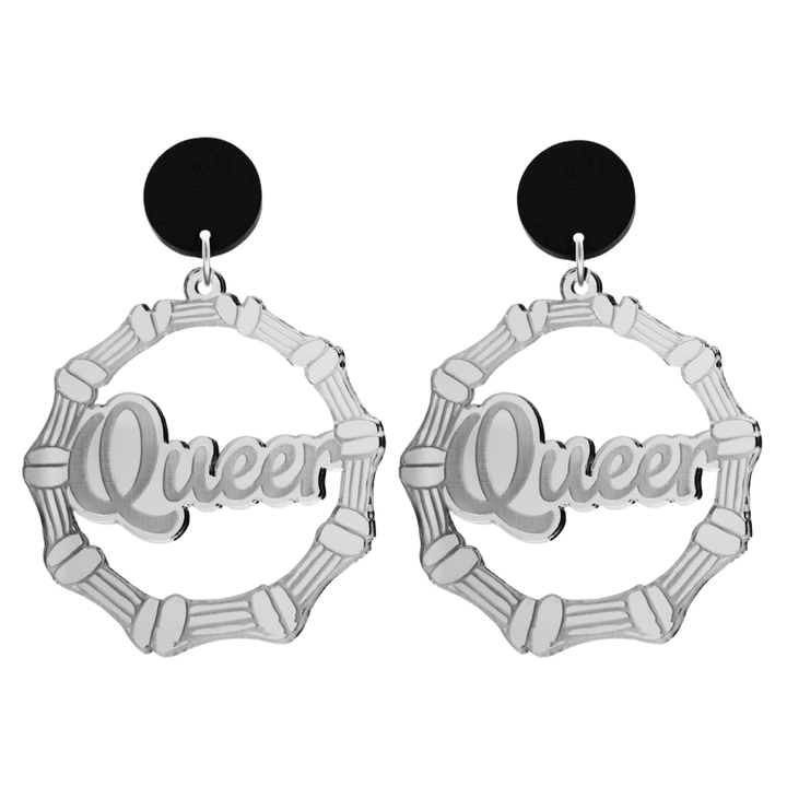 haus of dizzy acrylic silver mirror bamboo hoops with ollie cursive text that reads queer with black circle stud tops size large