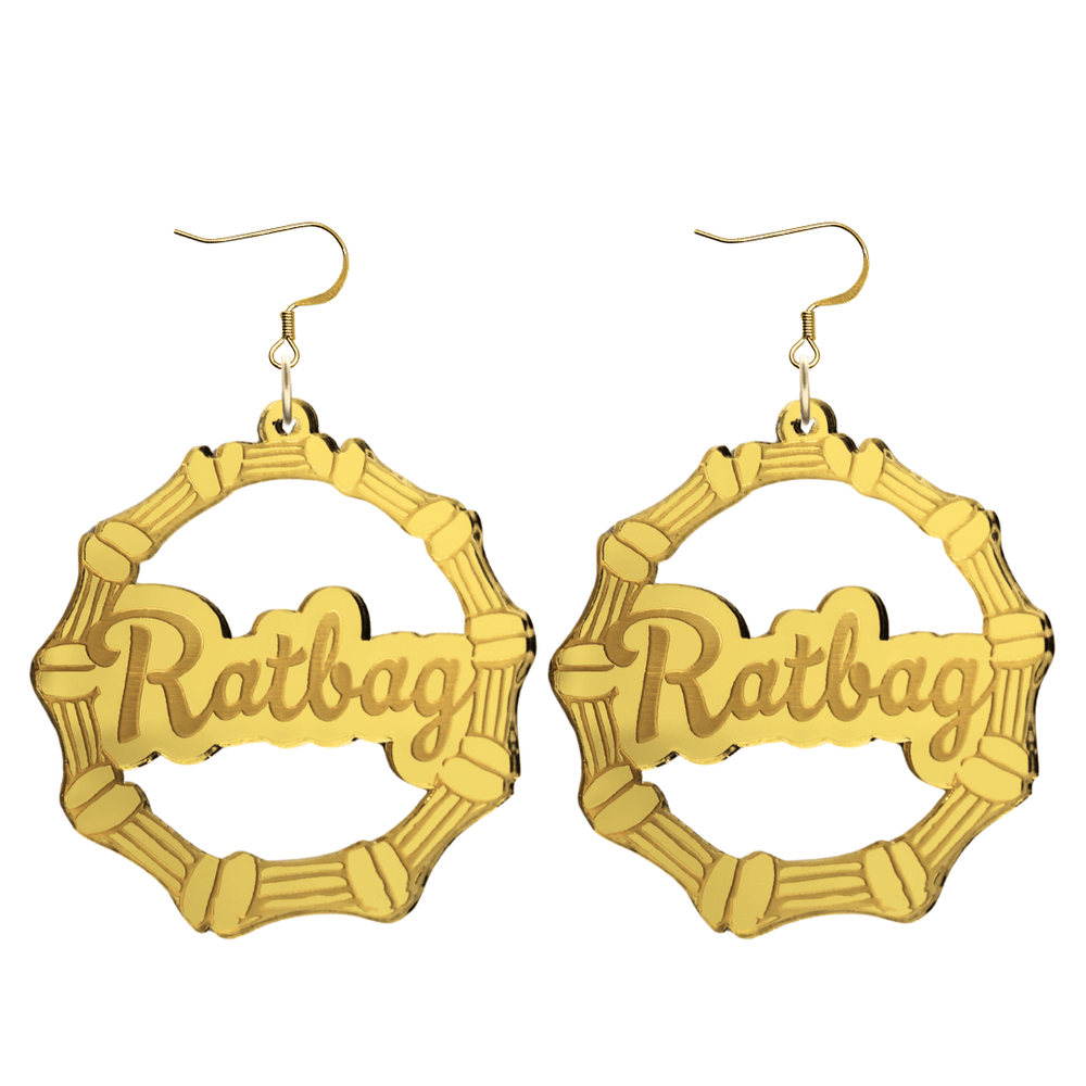 haus of dizzy acrylic gold mirror bamboo hoops with ollie cursive text that reads ratbag with hooks no circle stud tops size large