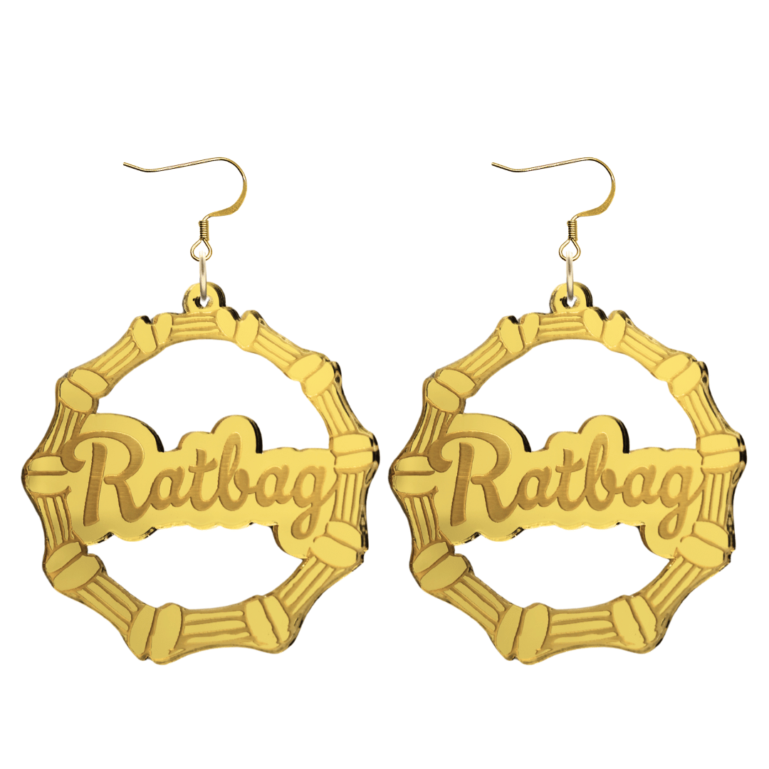 haus of dizzy acrylic gold mirror bamboo hoops with ollie cursive text that reads ratbag with hooks no circle stud tops size large