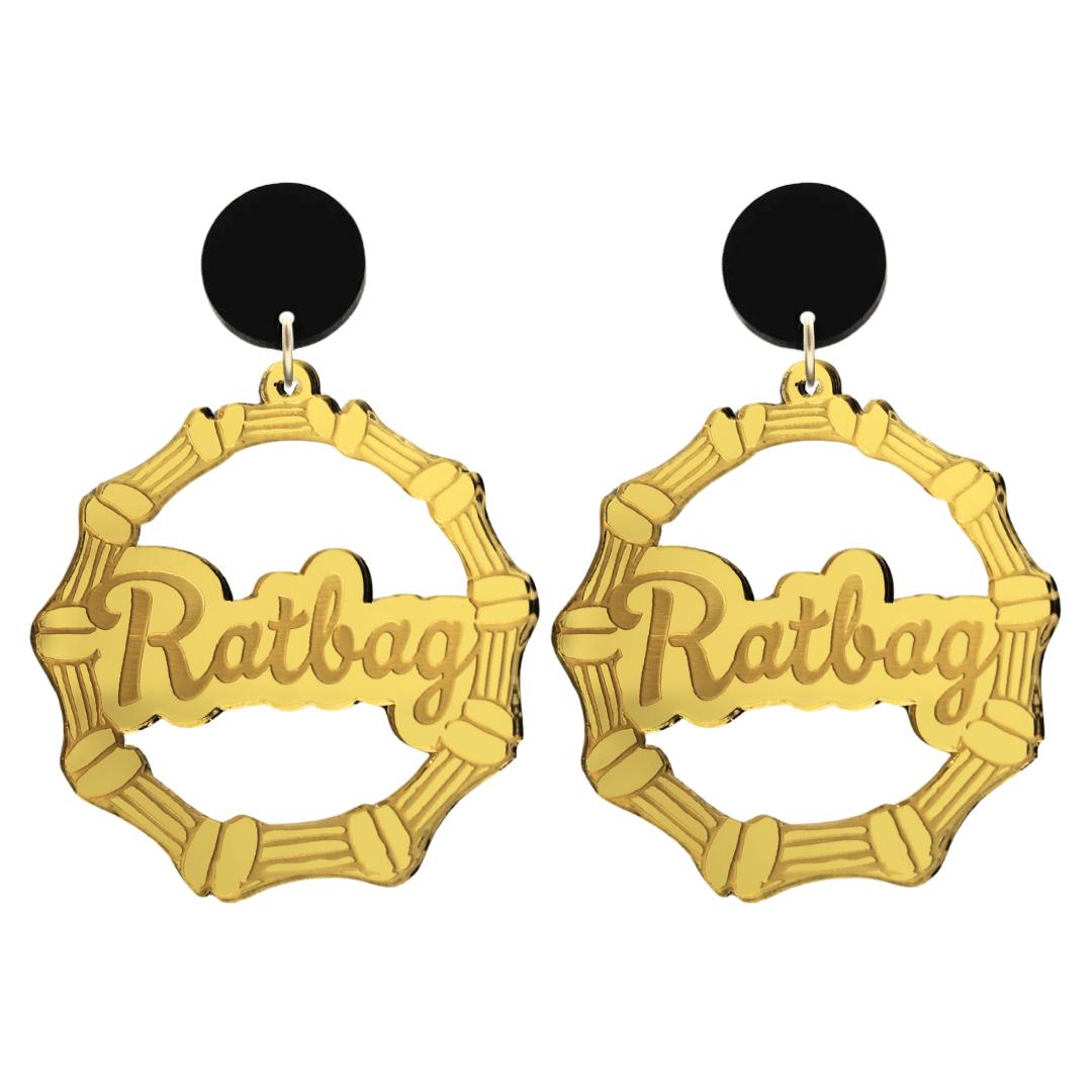 haus of dizzy acrylic gold mirror bamboo hoops with ollie cursive text that reads ratbag with black circle stud tops size large