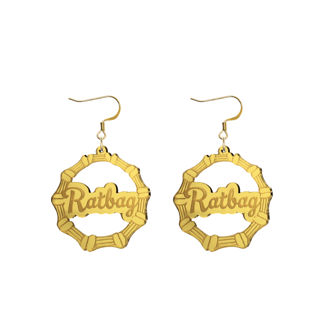 haus of dizzy acrylic gold mirror bamboo hoops with ollie cursive text that reads ratbag with hooks no circle stud tops size small