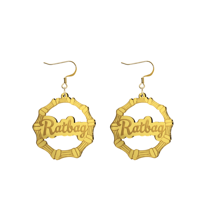 haus of dizzy acrylic gold mirror bamboo hoops with ollie cursive text that reads ratbag with hooks no circle stud tops size small