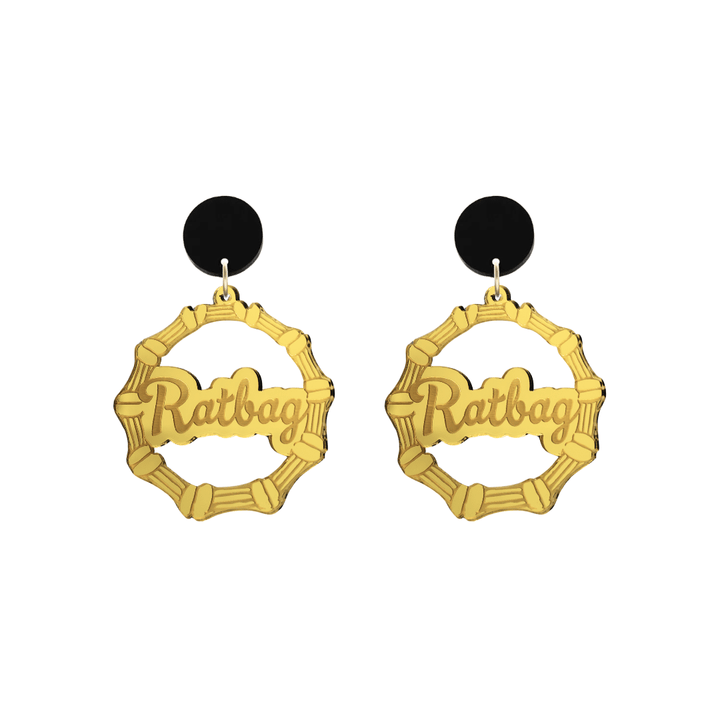 haus of dizzy acrylic gold mirror bamboo hoops with ollie cursive text that reads ratbag with black circle stud tops size small