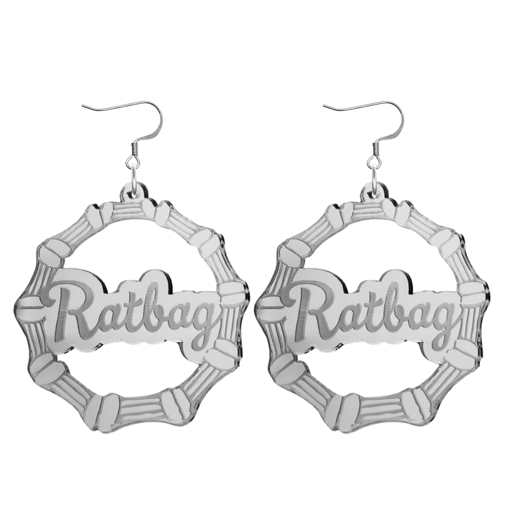 haus of dizzy acrylic silver mirror bamboo hoops with ollie cursive text that reads ratbag with hooks no circle stud tops size large