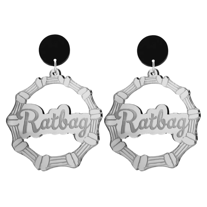 haus of dizzy acrylic silver mirror bamboo hoops with ollie cursive text that reads ratbag with black circle stud tops size large