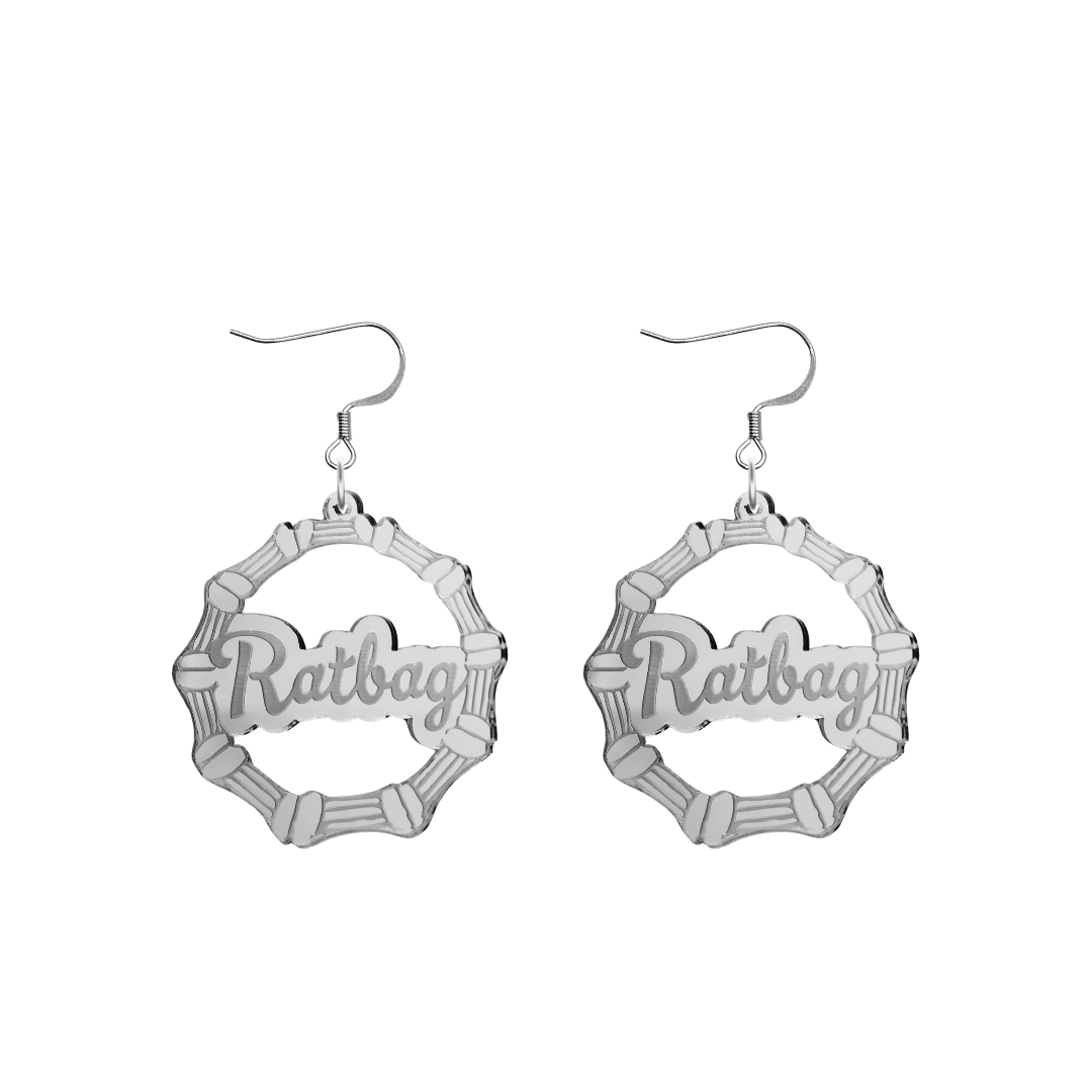 haus of dizzy acrylic silver mirror bamboo hoops with ollie cursive text that reads ratbag with hooks no circle stud tops size small