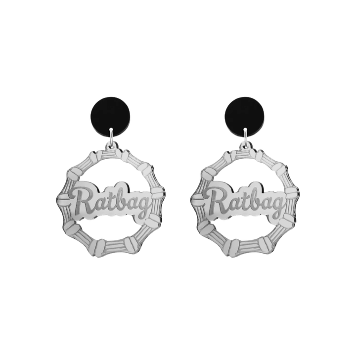 haus of dizzy acrylic silver mirror bamboo hoops with ollie cursive text that reads ratbag with black circle stud tops size small