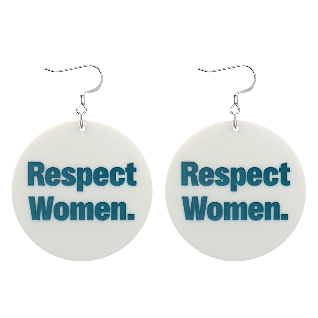 an image of haus of dizzys new respect women earrings which have a white gloss acrylic body with hand-painted green lettering that reads 'Respect Women' size large with hooks no circle tops