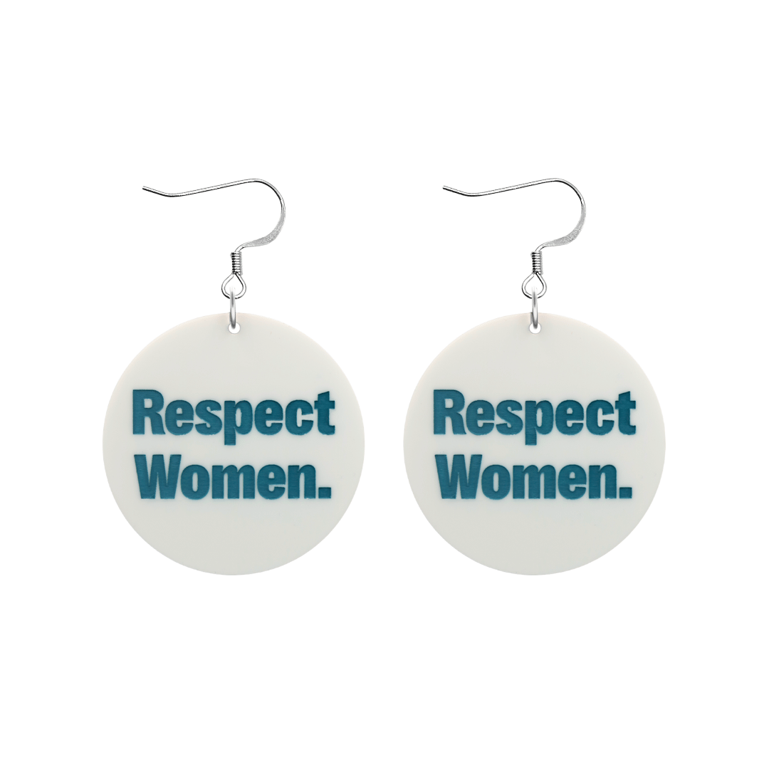 an image of haus of dizzys new respect women earrings which have a white gloss acrylic body with hand-painted green lettering that reads 'Respect Women' size small with hooks no circle tops