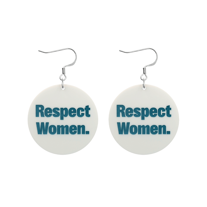 an image of haus of dizzys new respect women earrings which have a white gloss acrylic body with hand-painted green lettering that reads 'Respect Women' size small with hooks no circle tops