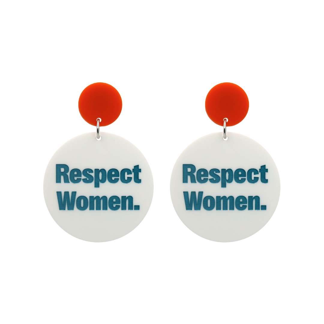 an image of haus of dizzys new respect women earrings which have a white gloss acrylic body with hand-painted green lettering that reads 'Respect Women' and matte orange circle top size small 