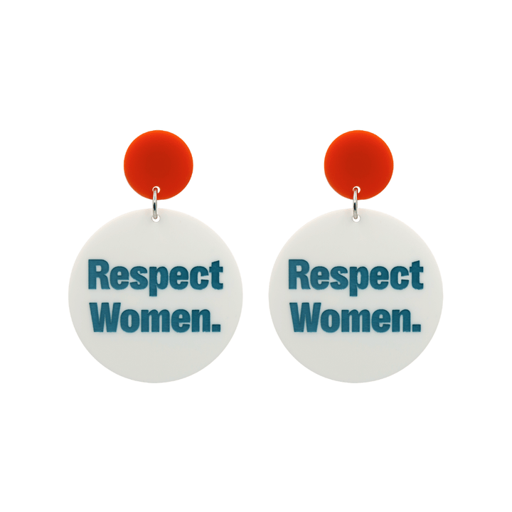 an image of haus of dizzys new respect women earrings which have a white gloss acrylic body with hand-painted green lettering that reads 'Respect Women' and matte orange circle top size small 