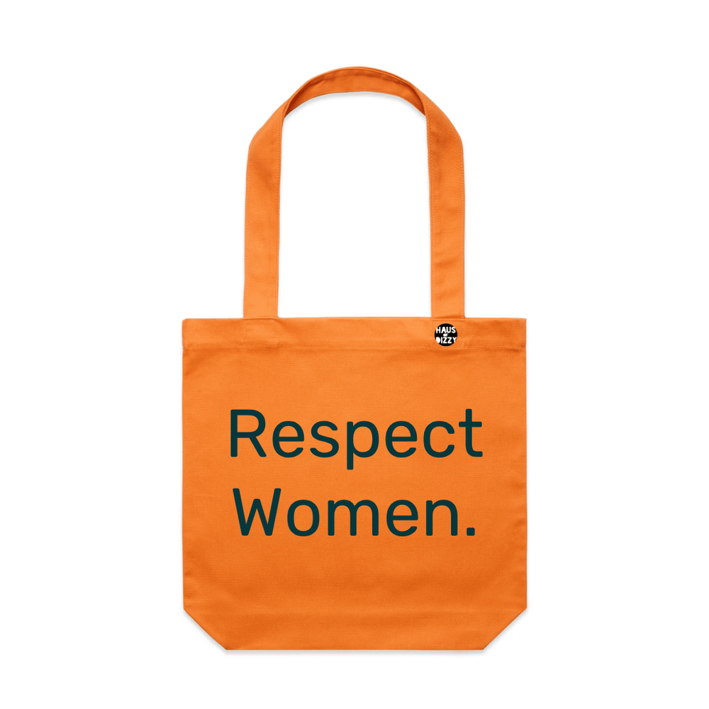 haus of dizzys orange canvas tote bag with two shoulder straps, featuring the printed text 'Respect Women' in black text. A small circular logo is printed on the upper right side of the bag.