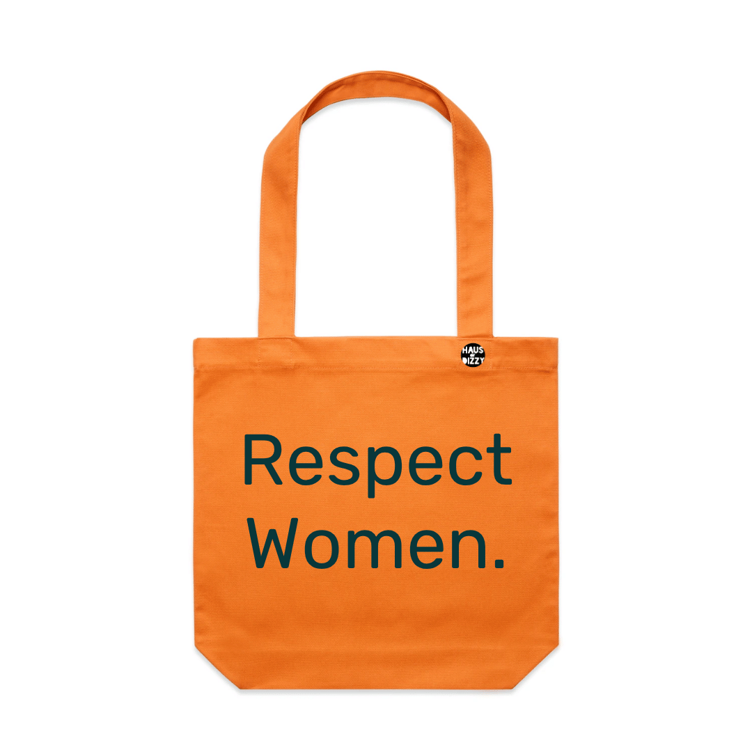 haus of dizzys orange canvas tote bag with two shoulder straps, featuring the printed text 'Respect Women' in black text. A small circular logo is printed on the upper right side of the bag.