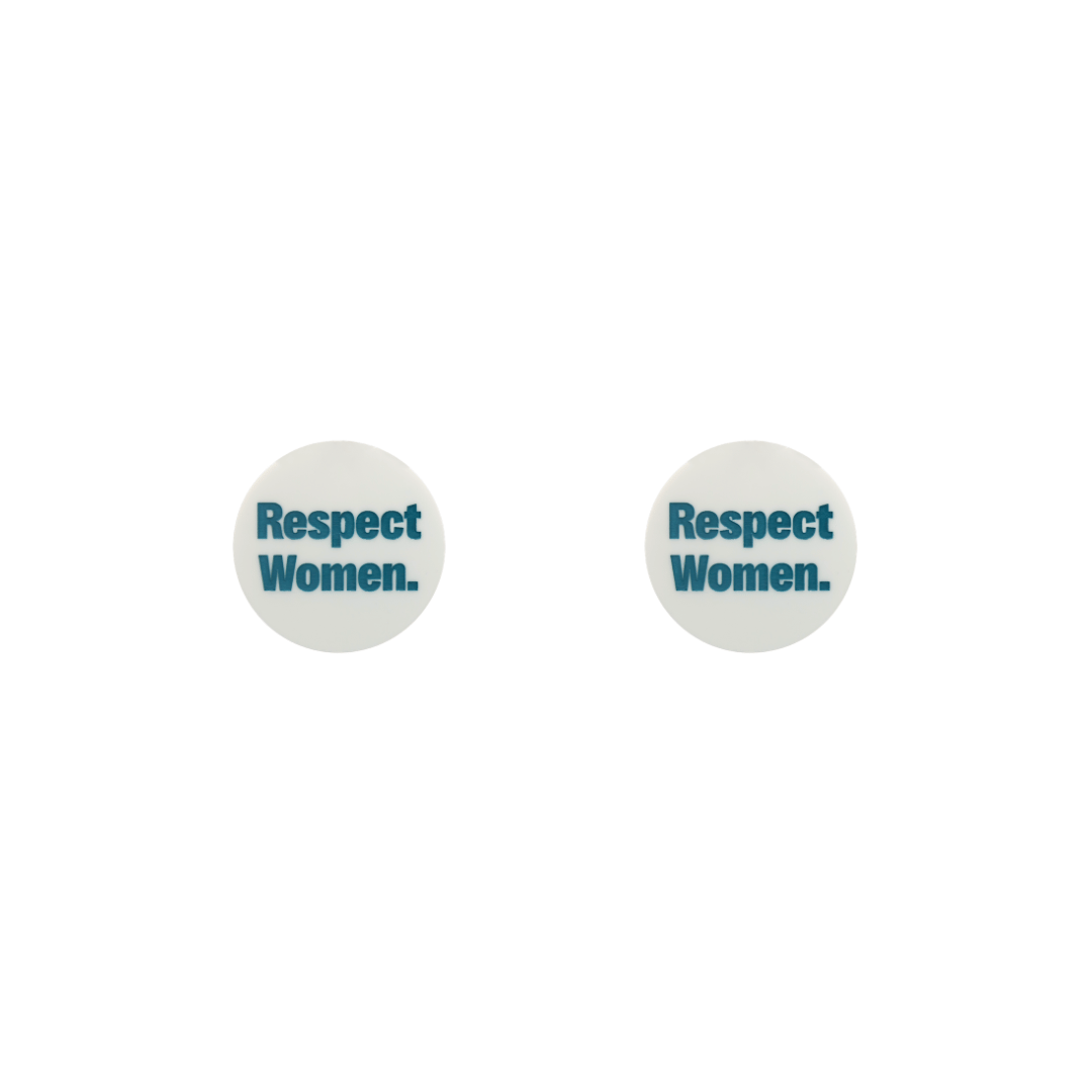 image of haus of dizzys new white gloss acrylic studs that read 'Respect Women' in hand painted green lettering