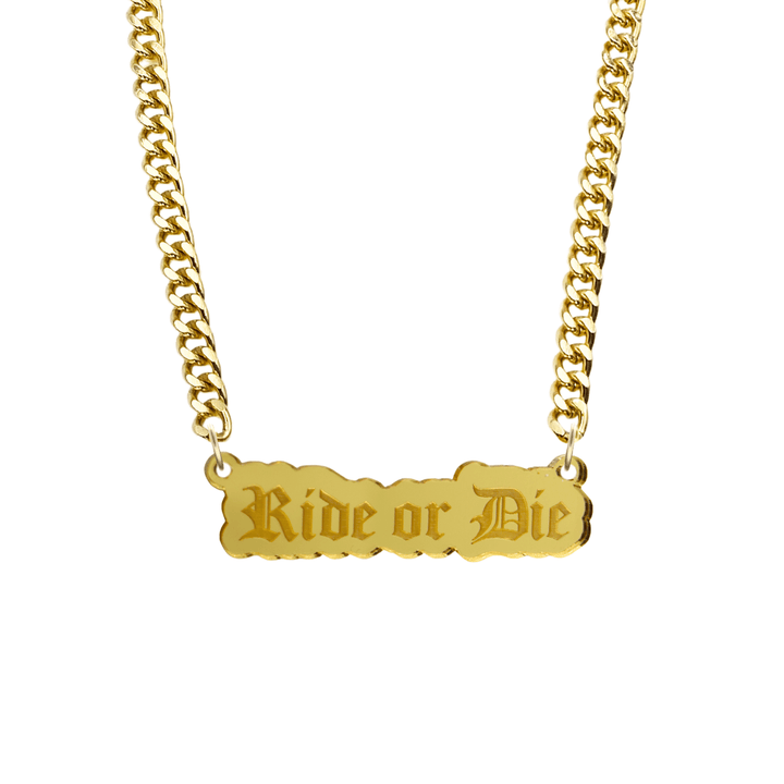 haus of dizzy gold necklace with 'Ride or Die' acrylic pendant size large