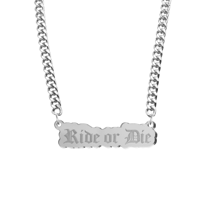 haus of dizzy silver necklace with 'Ride or Die' acrylic pendant size large