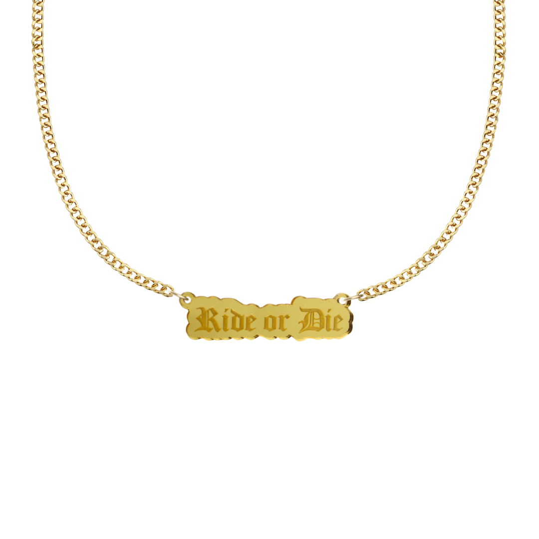 haus of dizzy gold necklace with 'Ride or Die' acrylic pendant size small