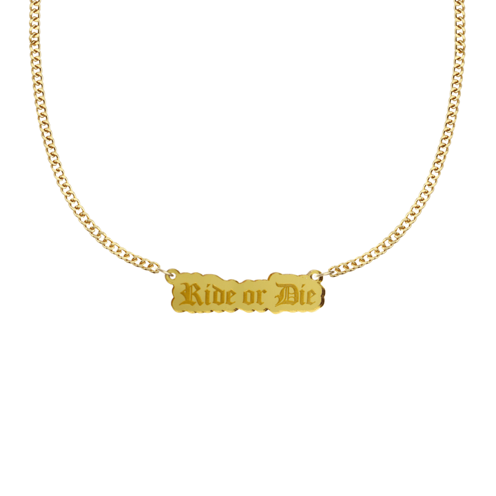 haus of dizzy gold necklace with 'Ride or Die' acrylic pendant size small