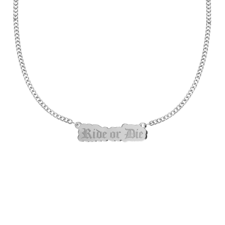haus of dizzy silver necklace with 'Ride or Die' acrylic pendant size small