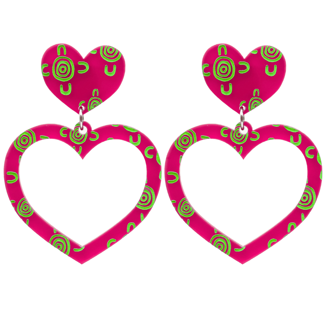 haus of dozzy sea glass meeting place heart hoops earrings with hand painted green aboriginal patterns on a white background