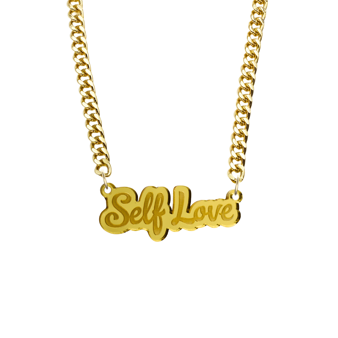 haus of dizzy gold necklace with 'self love' acrylic pendant size large