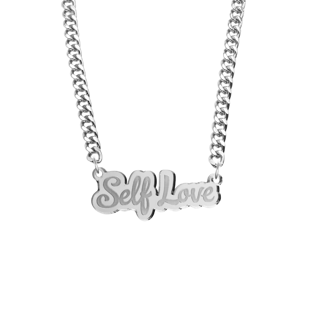 haus of dizzy silver necklace with 'self love' acrylic pendant size large