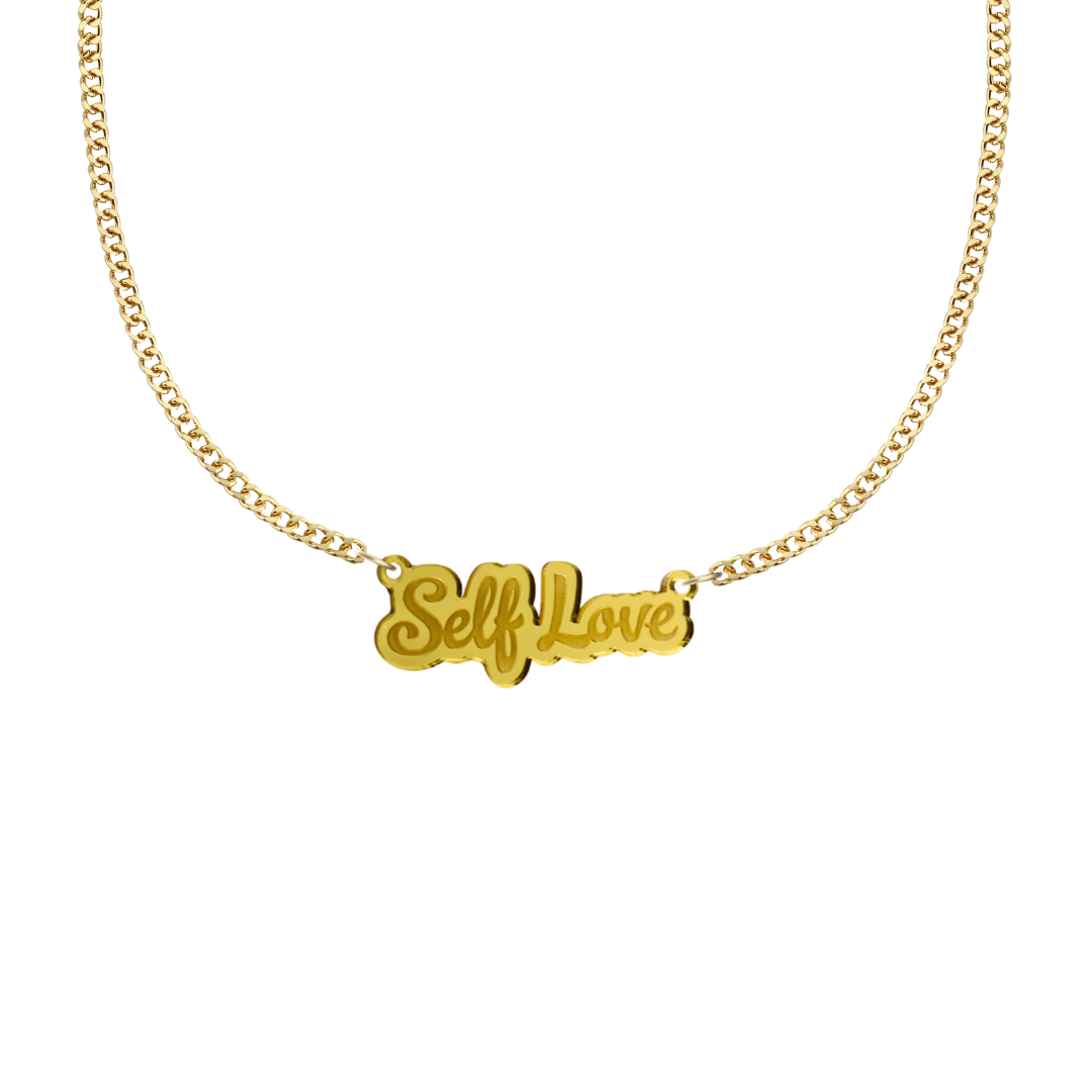 haus of dizzy gold necklace with 'self love' acrylic pendant size small