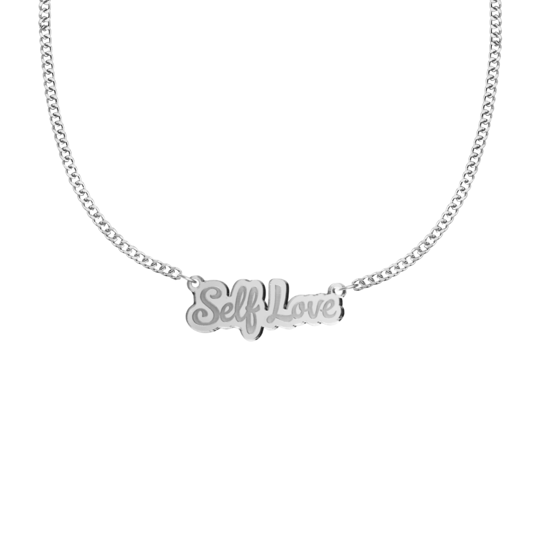 haus of dizzy silver necklace with 'self love' acrylic pendant size small