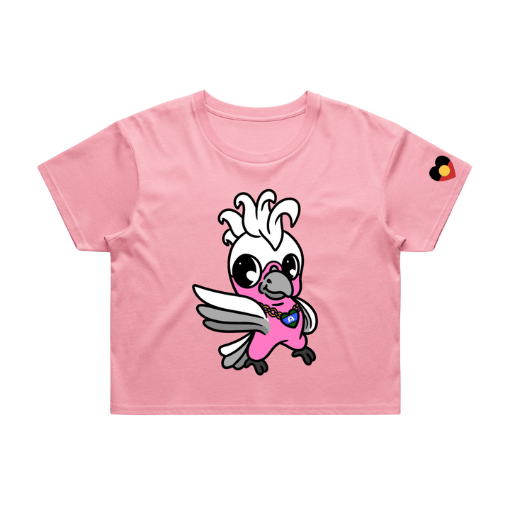 pink crop t-shirt with cartoon character 'Sky the Galah' on front, she is wearing a Torres Strait Islander necklace. T-shirt is on a white background