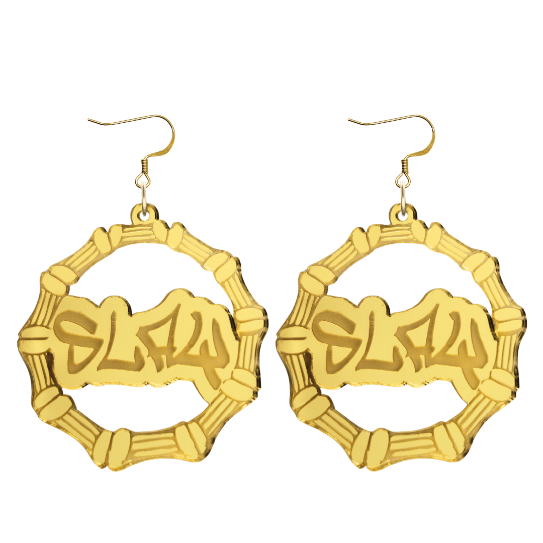 haus of dizzy acrylic gold mirror bamboo hoops with graffiti text that reads Slay with hooks no circle stud tops size large