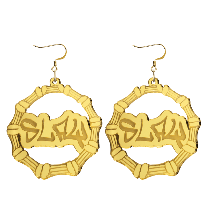 haus of dizzy acrylic gold mirror bamboo hoops with graffiti text that reads Slay with hooks no circle stud tops size large