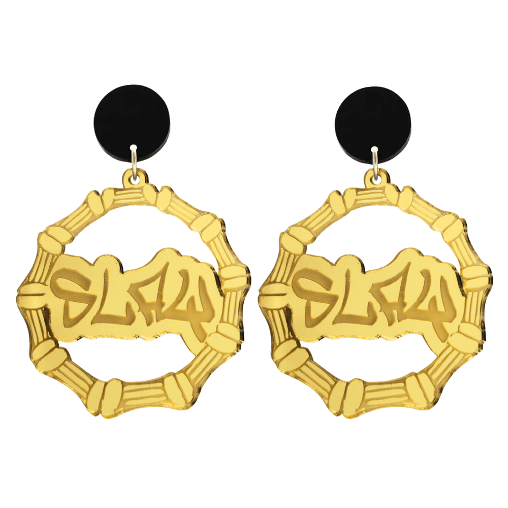 haus of dizzy acrylic gold mirror bamboo hoops with graffiti text that reads Slay with black circle stud tops size large