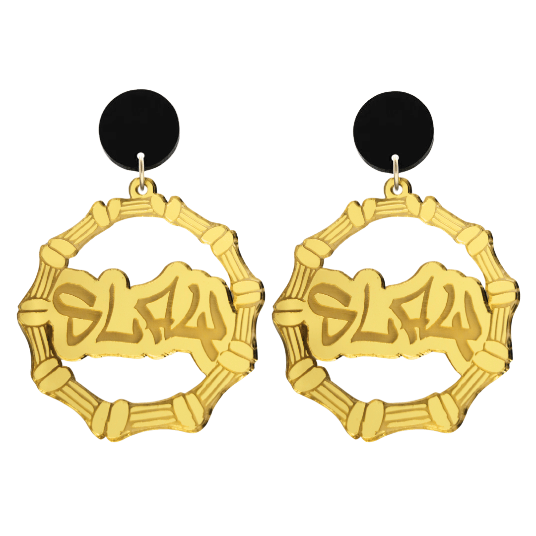 haus of dizzy acrylic gold mirror bamboo hoops with graffiti text that reads Slay with black circle stud tops size large
