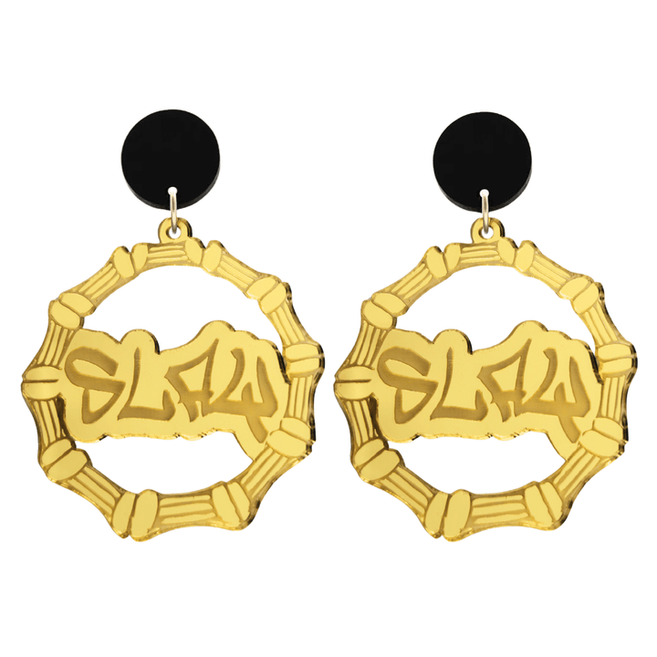 haus of dizzy acrylic gold mirror bamboo hoops with graffiti text that reads Slay with black circle stud tops size large