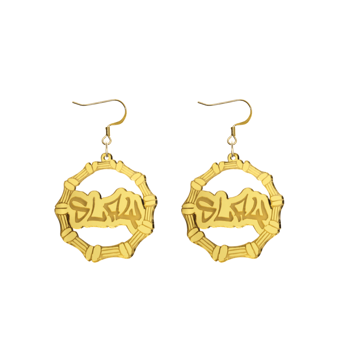 haus of dizzy acrylic gold mirror bamboo hoops with graffiti text that reads Slay with hooks no circle stud tops size small