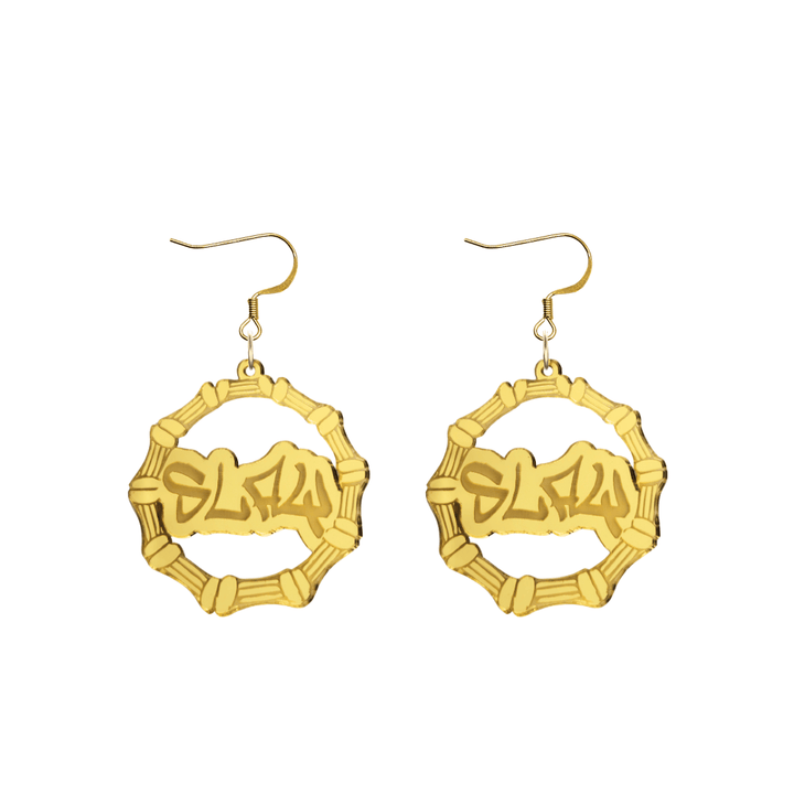 haus of dizzy acrylic gold mirror bamboo hoops with graffiti text that reads Slay with hooks no circle stud tops size small