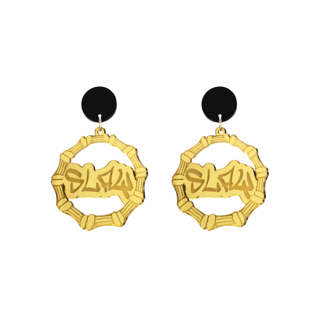 haus of dizzy acrylic gold mirror bamboo hoops with graffiti text that reads Slay with black circle stud tops size small