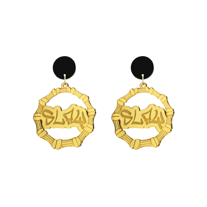 haus of dizzy acrylic gold mirror bamboo hoops with graffiti text that reads Slay with black circle stud tops size small