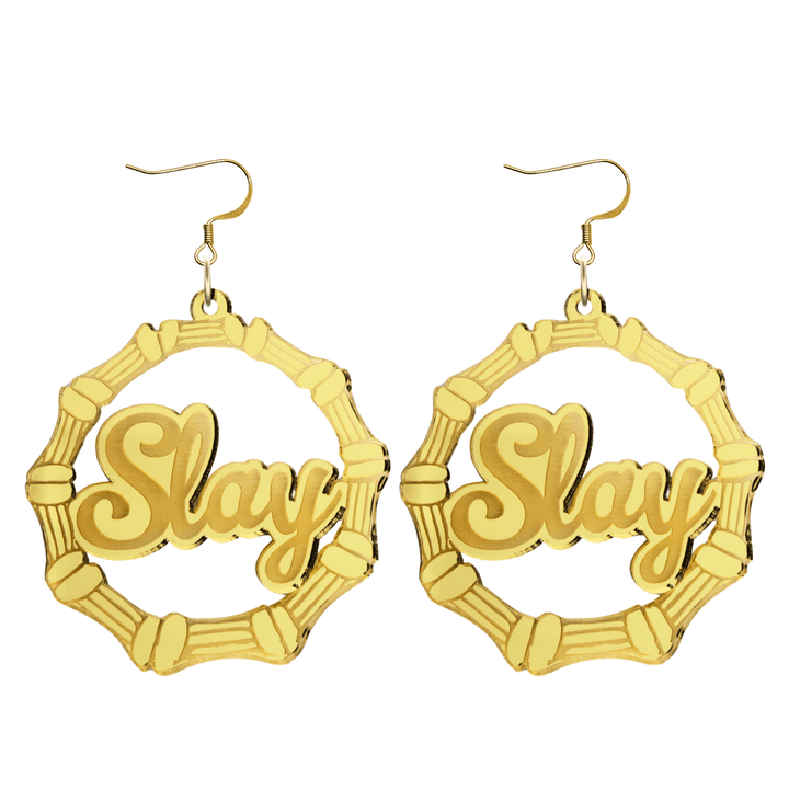 haus of dizzy acrylic gold mirror bamboo hoops with ollie cursive text that reads Slay with hooks no circle stud tops size large