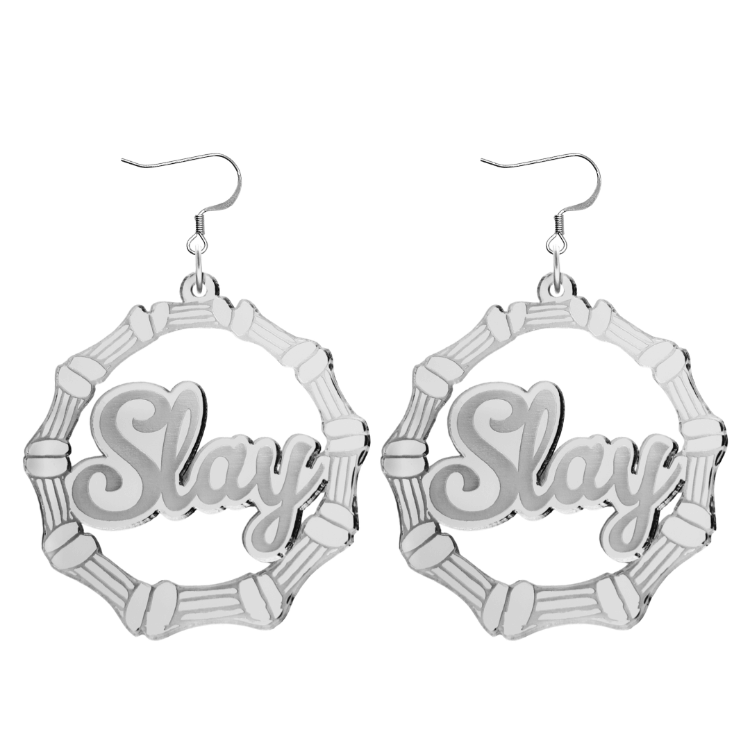haus of dizzy acrylic silver mirror bamboo hoops with ollie cursive text that reads Slay with hooks no circle stud tops size large